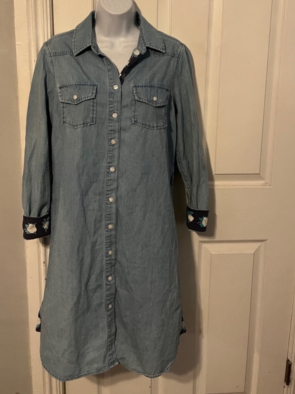 Draper James Light Wash Denim Shirt Dress with Floral Details